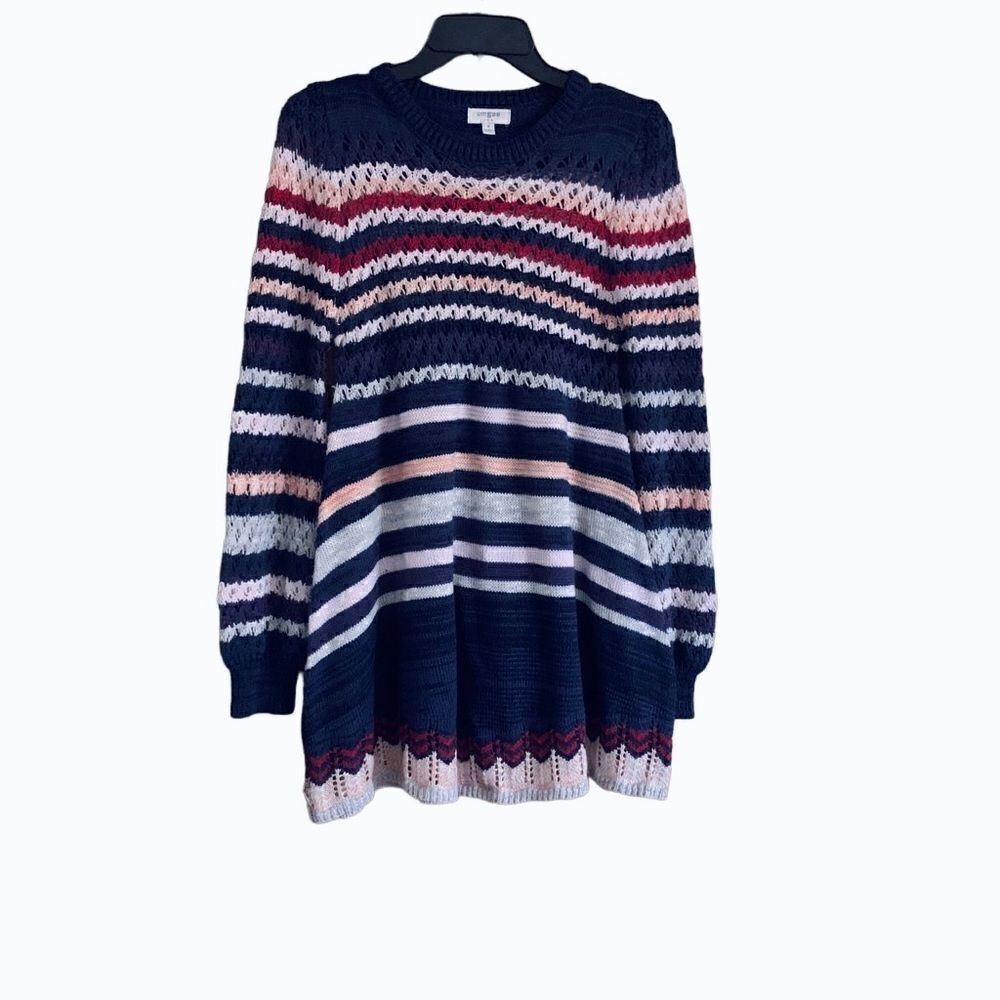 Umgee Navy Blue Multicolored Striped Open Knit Tunic Sweater Size Medium